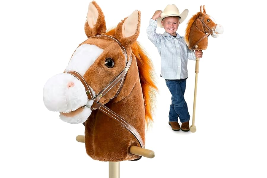 HollyHOME Stick Horse with Wood Wheels Real Pony Neighing and Galloping Sound Plush Hobby Horse Toy, 91cm, Brown (AA Batteries Required)