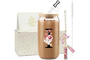 ZIOSINM ZIOISNM A-Z Lettre Verre avec Paille 500 ml Verre Matcha avec Couvercle Cadeau Femme Idéal Cadeau Femme Anniversaire Noël ou Saint-Valentin pour Épouse Mère ou Couple (I)