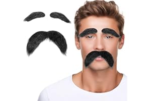 GJINXI Fake Mustache and Eyebrows Set, Black Self Adhesive Fake Beard for Adults, Novelty Stick on Mustaches Funny Costume Facial Hair, Realistic Mustache Stickers for Cosplay Costume and Festival Party