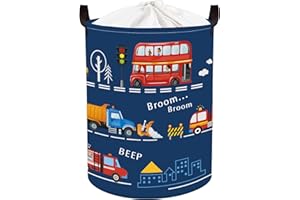 HUUMONSS Cartoon Cars Storage Basket for Parents Organizing Kids Toys Clothes Large Boys Gift Toy Box Bin Laundry Hamper for Bathroom Shower,City Bus,63L