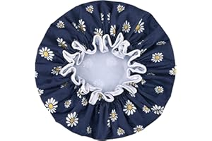 AMZPAS Bonnet de douche pour femme, double couche, imperméable, avec motif floral unique, réutilisable, pour cheveux longs, courts et bouclés (Marguerite Bleu Foncé)