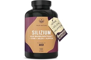 ‎TRUE NATURE Silizium Kapseln - 180 Stück für 6 Monate - hochdosiert - Mit Zink, Selen & Kupfer - Organisches Silicium hochdosiert aus indischem Bambusextrakt - 643mg - Vegan - TRUE NATURE