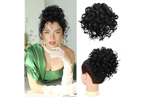 RUWISS Messy Bun Short Curly Drawstring Ponytail Extension Loose Hair Bun Hair Pieces for Women High Temperature Synthetic Hair Bun Extension 80g Natural Black