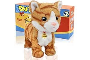 SWTOIPIG Interactive Plush Cat Toys for Kids, Reliable Robotic Electronic Cats Sound and Touch Control, Realistic Soft Plush Toy Cat That Walks and Meow Box, Kitty Toys Gift Yellow