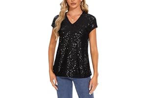 MINTLIMIT Haut à paillettes pour femme - Manches courtes - Col en V - Pour les loisirs, les fêtes, les festivals, les clubs, b-noir, S