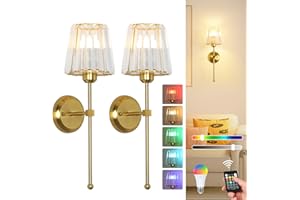 Stepeak Battery Operated Wall Lights Set of 2, Rechargeable Wall Lights Indoor with USB RGB Bulb & Remote, Gold Glass Wireless Wall Light Sconce, Battery Operated Wall Lamp for Bedroom Living Room