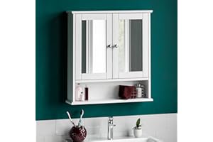 Bath Vida Double Door Bathroom Cabinet, Wood, White, Mirrored Wall Mounted Storage Furniture