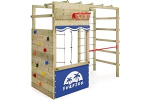 WICKEY Aire de Jeux Smart Action portique en Bois avec bâche en Bleu, Tour d'escalade pour Enfants avec Panier de Basket-Ball, échelle et Accessoires de Jeu pour Le Jardin.