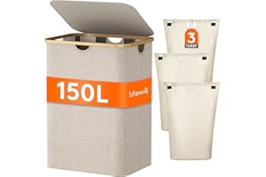 ‎LIFEWIT Lifewit Kosz na pranie z pokrywką, 150 l, duży kosz na pranie, 3 przegródki, kolor beżowy