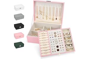 Duemste Jewellery Box Organiser for Ladies Large PU Leather Jewellery Gift Storage with Removable Tray Double Layer Jewellery Storage Case for Earring Necklace Rings Watch,Pink