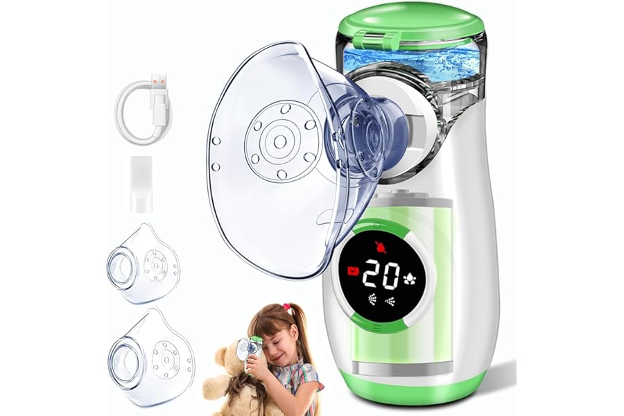 Aerosol Portatile Silenzioso con Digitaler Anzeige, Macchina Aerosol per Adulti Bambini con Boccaglio e Maschera, per Malattie delle Vie Respiratorie Superiori e Inferiori