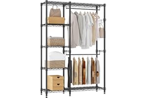 HIMIMI Stabilny Wieszak na Ubrania, Otwarta Szafa z 5 Półkami, Wytrzymały Drążek na Ubrania z 2 Drążkami, Regulowana Wysokość, Stojak na Garderobę z Haczykami, do Sypialni, Przedpokoju,114*44*195cm Czarny