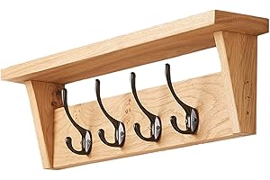 Fox and Grain Solid Oak Coat Rack (4 Hooks) | Wall Mounted Coat Hooks with Shelf for Display/Storage | Wooden Stylish & Versatile Hallway Decor | Heavy Duty Double Hooks | Handcrafted in The UK