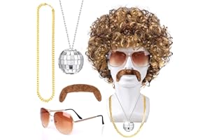 Humairc Perruque Afro Noir/Marron Or Hippie Accessoires Homme Costume Carnaval/Halloween/Disco/Annees 70s 80s Homme - Perruque Lunettes Collier Fausse Moustache