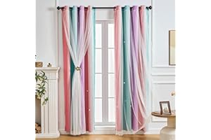 NETMEO Cortinas de 2 Paneles para Dormitorio de niñas, Ventanas para Dormitorio de niñas, Cortinas Opacas, Forma de Estrella, Cortinas con Ojales (Rosa Morado Verde, 2× L132 × A182 cm)