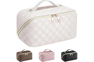 EECH Kosmetiktasche Reise Damen,Make Up Tasche mit Groß Kapazität,PU Leder Portable Schminktasche Kulturtasche Organizer,Beauty Case für Reisezubehör Travel Essentials Women(Kariert-Weiß)