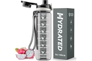 Mevoly Botella Agua, 1 Litro Botella Agua Gimnasio sin BPA con Marcador de Tiempo, Plastico Botella de Agua Deportiva Motivacional, Cantimplora 1L para Gym, Colegio, Bicicleta