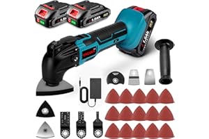 ONEVAN outil multifonction sans fil, scie oscillante avec 2 batteries de 1,5 Ah, chargeur et 22 accessoires, angle d'oscillation de 4°, 6 vitesses 20000 tr/min, scie vibrante multifonction