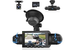 RIMOODY 4 Canali Dashcam Auto 360°, 4 Telecamera HD 1080P Anteriore e Posteriore Sinistra Destra, 3 Pollici 1080P Dash Cam con 64 GB Carta 8 IR Visione Notturna/Loop video/24H Parcheggio Monitor/G-Sensore