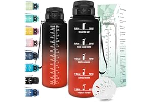 Motswedi Botella agua 1.5 litro, Reutilizable, Cantimplora, a Prueba de Fugas, Botella agua Gimnasio, con Marcador de Tiempo, botellas Gym para Deportes, Gym, Yoga, Oficina, Negro Rojo