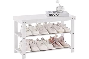 APICIZON Shoe Rack Small Shoe Storage Bench, 3-Tier Bamboo Small Bench, 70 x 28 x 45 cm, Rustic Hallway Shoe Organizer with Seat for Living Room, Bedroom, Bathroom, Entryway, White