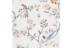 ICYEHAO Papel pintado floral rosa, 44 x 1000 cm, flores rosas y pájaros azules, hojas verdes, bosque, bohemio de flores pálidas, autoadhesivo para sala de estar, baño, cajón