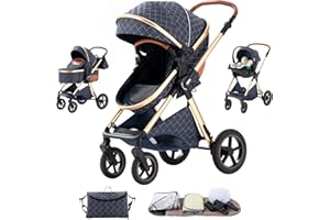 Shineey Pram 3-in-1 Buggy Baby Bed Complete Set One Click Foldable Pram, 3-in-1 Combination Pushchair Aluminium Frame for Newborns (H2-BLUE, H2)