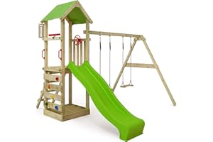 FATMOOSE Parque infantil de madera KiwiKey Kick XXL con columpio y tobogán, Torre de escalada da exterior con arenero y escalera para niños