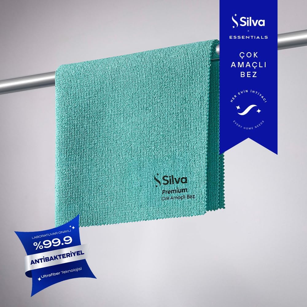Silva Premium Çok Amaçlı Mikrofiber Temizlik Bezi 38 x 38 cm - Kuru Toz Alır, Nemli Kiri Yalnız Suyla Siler, Mobilya, Cam ve Çelik İçin İz Bırakmaz,%99,9 Antibakteriyel, Yeşil