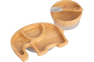 Tiny Dining Baby Dinner Set - Elephant - Grey - 3pc - Divided Non-Slip Bamboo Self-Feeding Weaning Plate, Bowl & Spoon for Babies, Toddlers, Children