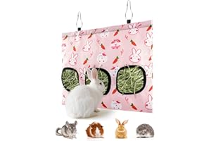 ERKOON 3-Hole Hay Bag for Rabbits & Guinea Pigs – Hanging Hay Feeder, Large-Capacity Grass Rack with Bunny & Carrot Design, Washable, Reduces Waste, Fits Bunny, Hamster, Chinchilla