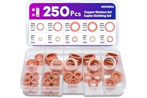 ANVINKU Kupferdichtringe Sortiment,250 Stück, Kupferdichtringe, Unterlegscheiben set, Kupferringe Sortiment M5 M6 M8 M10 M12 M14, Fitschenringe Sortiment für Kraftstoffzubehör