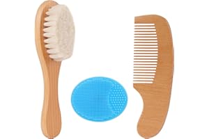 Beugo Cepillo para el cabello del bebé, Juego de 3 cepillos pelo con cepillo de silicona azul para bebé y peine de madera, Cerdas suaves de cabra, para recién nacidos y niños pequeños tapa de cuna