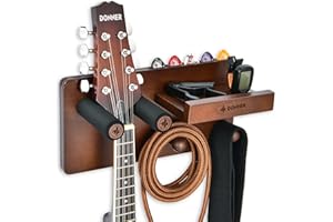 Donner Supporto da Parete per Chitarra con Mensola, Porta Chitarra da Muro in Legno con Porta-plettro e 2 Ganci, per Elettrica, Acustica, Basso, Ukulele, Violino, Accessori per Chitarra