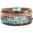 KunBead Jewelry Leather Wrap Bracelets for Women Feather Handmade Braided Boho Multilayer Magnetic Buckle Bracelet Wristband Cuff Bangle Birthday Gifts