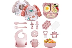 Bizcasa Vajilla Bebe Silicona, 14 Piezas Vajilla de Silicona para Bebés Antideslizante, Cubiertos Bebe para comer destete, Sin BPA, Con Baberos de manga larga Taza Plato Cuenco (Rosa claro)