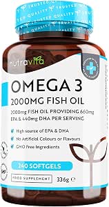 Omega 3 Fish Oil 2000mg – 240 High Strength Capsules (4 Month Supply) –  660mg EPA \u0026 440mg DHA per Daily Serving – Supports Normal Heart Function –  Pure Omega 3 Capsules –