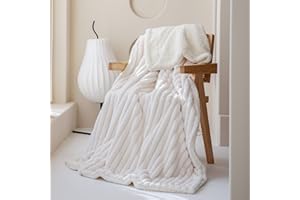 mosayt Dicke Kuscheldecke 150x200 weiß Creme Flauschig Wolldecke Felldecke XL luxuriös Ultra weich gestreift Muster Cashmere Touch Fleecedecke weich warm Winter Wohndecke Sofadecke Wärmedecke