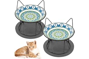Avmvnvc Gamelle Chat Surélevée - 2 Bols en Céramique avec Support en Métal Antidérapant pour Chat et Petits Chiens - Tapis Antidérapant Inclus