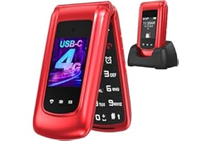 USHINING Téléphone Portable Senior 4G Débloqué, Téléphone Portable à Clapet Personnes âgées avec Grandes Touches Double Écran 2,4 et 1,77 Pouces Double SIM USB-C Bouton SOS Station de Charge, Rouge