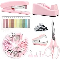 Set Articoli Ufficio Rosa Completo - Cancelleria Con Cucitrice, Forbici E Accessori