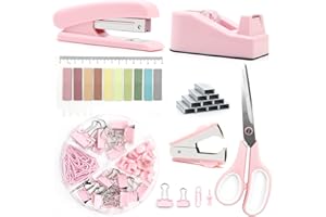 QPENGUINBABIES Rosa Bürobedarf, rosa Schreibtischzubehör, Hefter und Klebebandabroller-Set für Frauen mit Hefter, Klebebandabroller, Heftklammerentferner, Heftklammern, Clips, Schere und Tabs, Geschenk für…