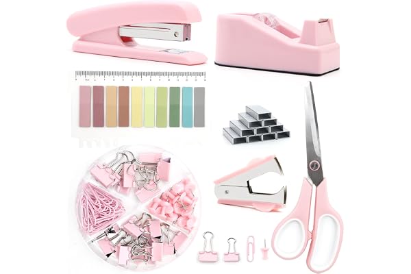 Fournitures de bureau roses, ensemble d'accessoires de bureau, agrafeuse et distributeur de ruban adhésif pour femme avec agrafeuse, distributeur de ruban adhésif, ôte-agrafes, clips, ciseaux et