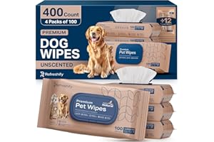 REFRESHIFY Dog Wipes for Paws and Butt - Plant Based Unscented (Pack of 400) - Pet Wipes for Dogs and Cats - Deodorizing Non Toxic Dog Wipes, +12 Additional Travel Wipes