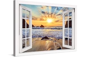 PICANOVA – Cuadro Sobre Lienzo Sunset Over Rocky Beach Window 60x40cm – Impresión En Lienzo Montado Sobre Marco De Madera (2cm) – Disponible En Varios Tamaños – Colección Playas