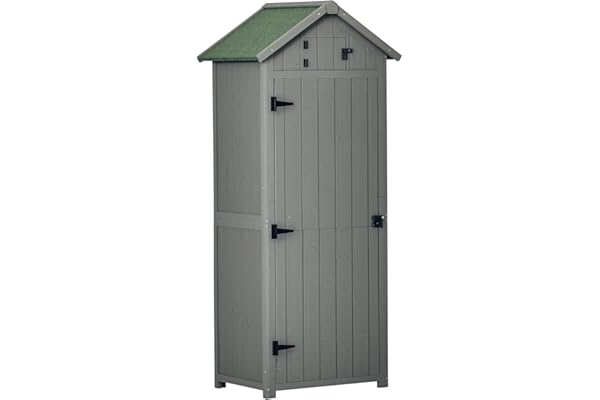 Outsunny Armoire de Jardin extérieur abri de Jardin en Bois abri pour Outils 3 étagères 2 Portes loquets Toit Pente bitumé Rangement et Stockage extérieurs pour terrasse 77 x 54 x 179 cm Gris