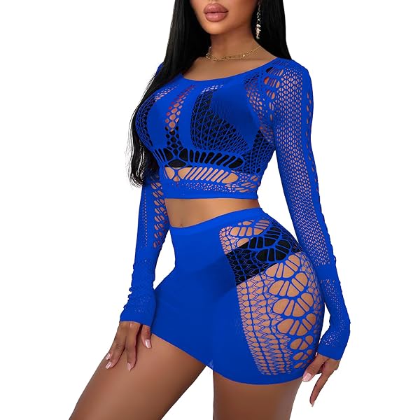 Flovel Damen Karneval Outfit – Mesh Bikini Top & Ausgehöhlter Rock, Schwarz, Party & Festival