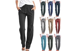 BIEDONGDA Pantalon Jogging Femme Été Coton Lin Pantalon Taille Haute Baggy Pantalon Droit Décontracté Couleur Unie Pants avec Cordon Poches Pantalon de Survêtement Sport Plage Yoga