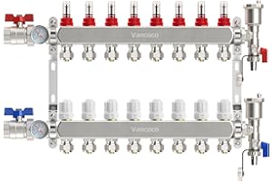 VANCOCO Heating Circuit Distributor Stainless Steel for 8 Heating Circuits with Euro Cone 3/4 (16 x 2 mm), Underfloor Heating Distributor with Flow Meter, Quick Bleeder Set, 1 Inch Ball Valves and