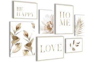 Novart WTD N021571a - 7 quadri da parete in stile boho con foglie dorate, pronti da appendere, per la casa, il soggiorno, la camera da letto